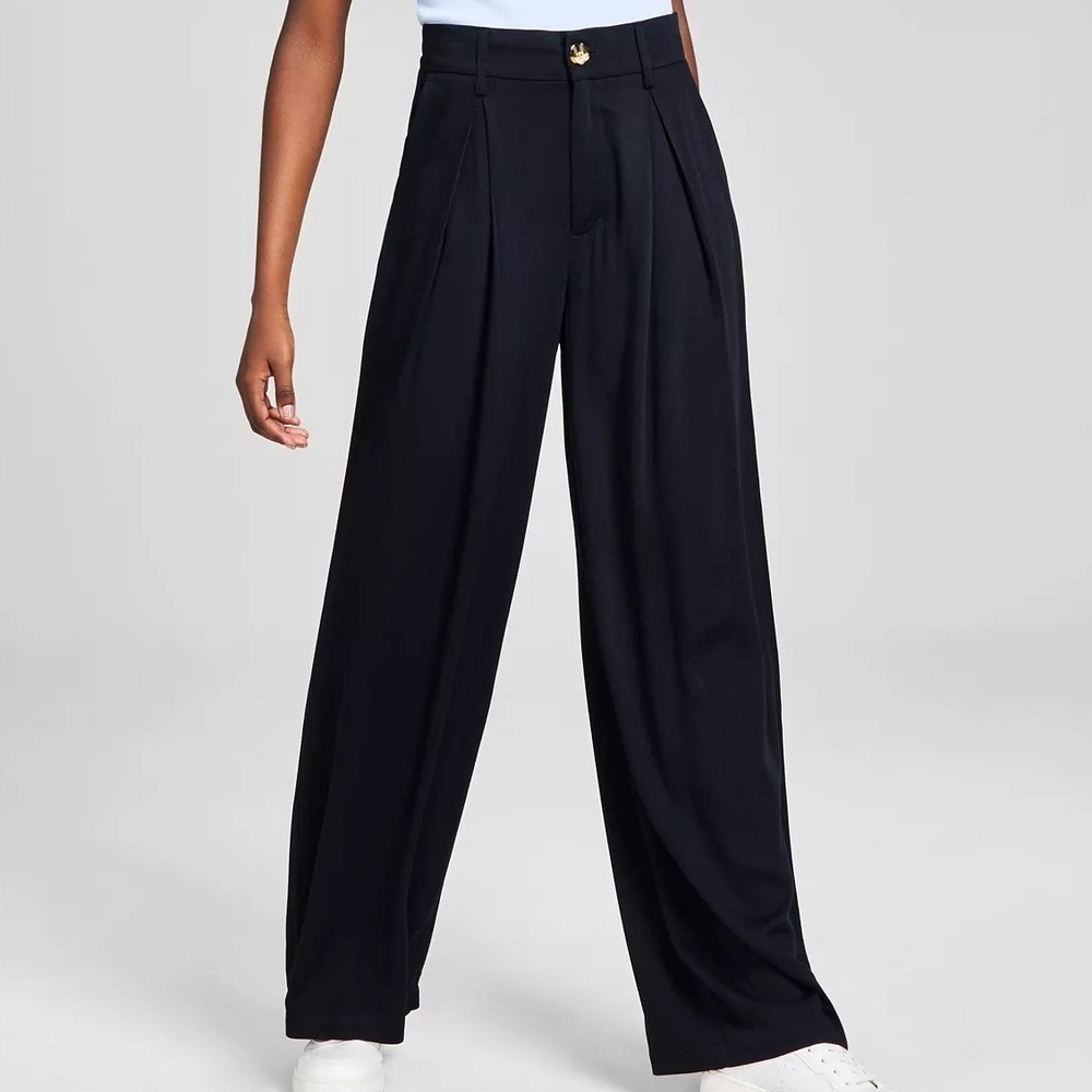 And Now This Pleat Front Wide Leg Soft Pants Black Pants Button Baggy Womens PM